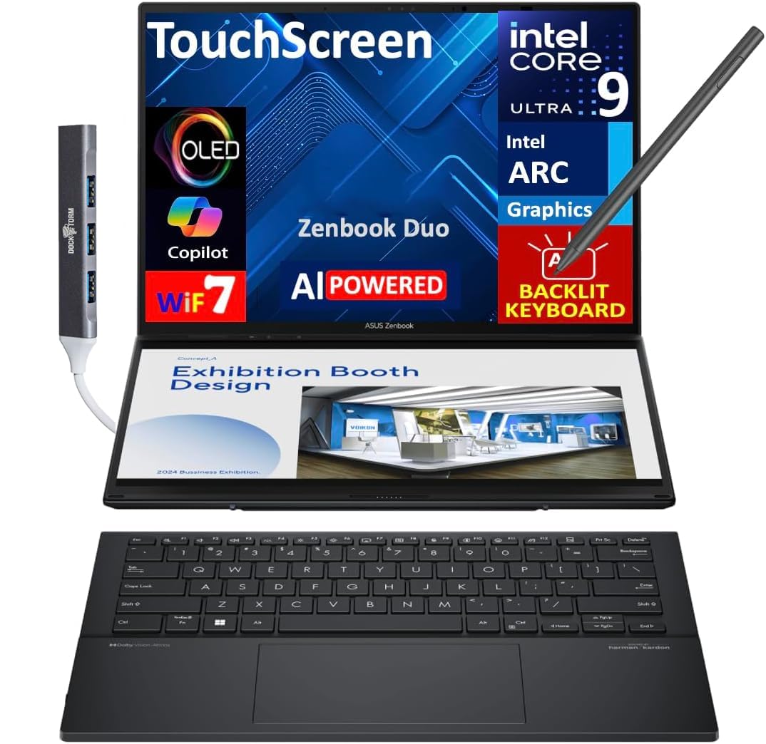 Zenbook Duo ux8406 AI Powered 2-in-1 Laptop 14.0" Touchscreen OLED 3K 120Hz Display (Intel Ultra 9-285H, 32GB LPDDR5X, 2TB PCIe SSD, Active Pen, Backlit KB, Win 11 Home) w/DKZ USB Port Expander