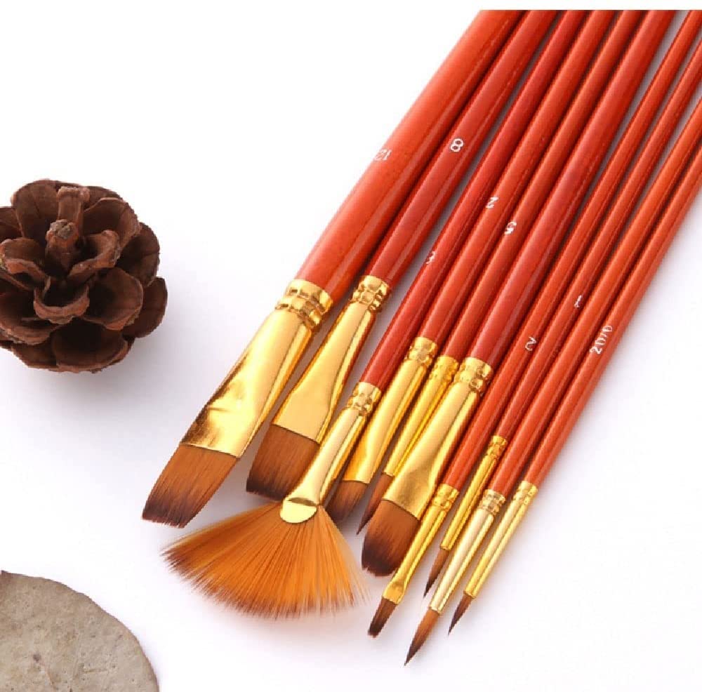 XBTGS Set di 10 pennelli da pittura multiplo in nylon con asta corta marrone per pittura ad olio e acrilico,