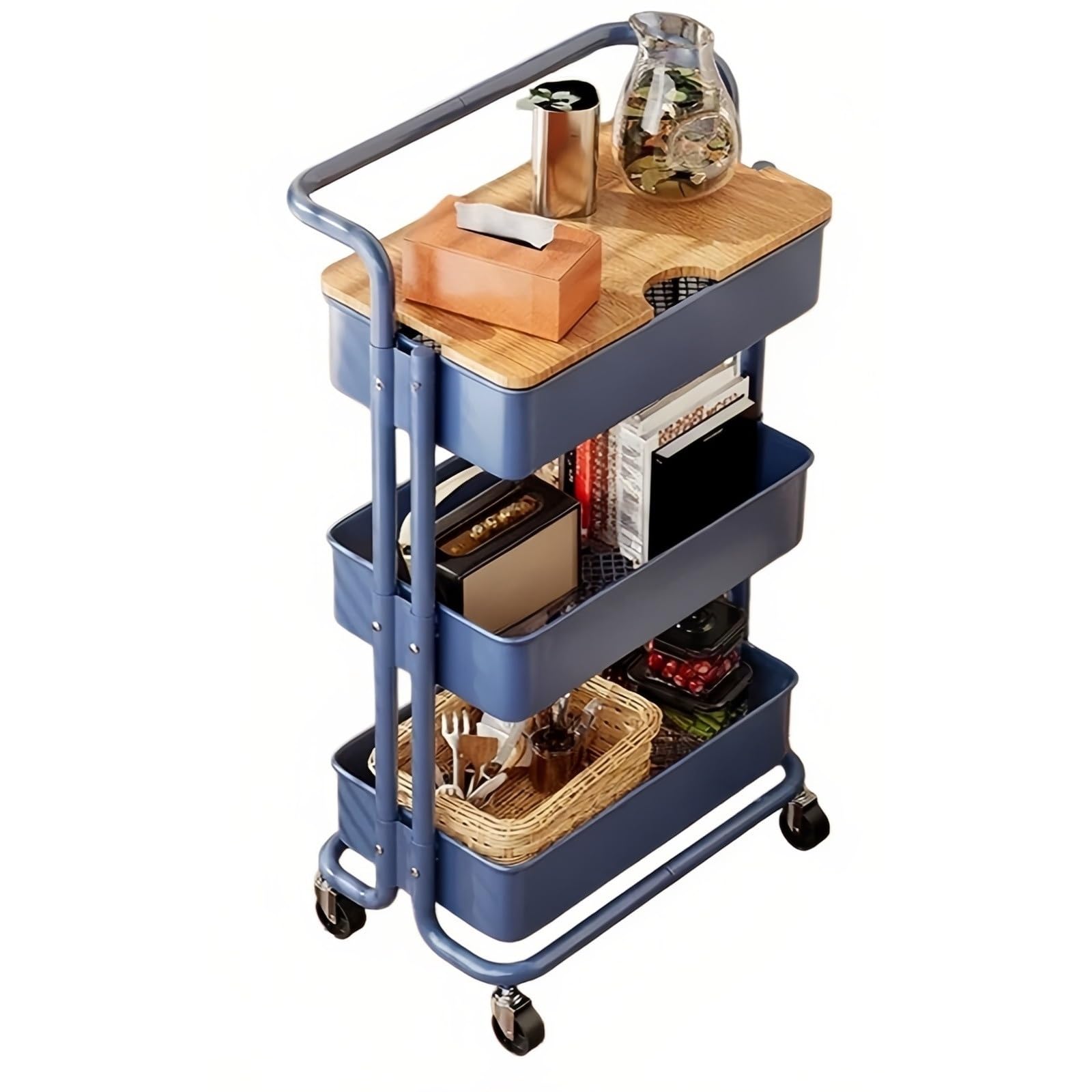 FZL02068LM Kitchen Trolley 3-Tier Rolling Storage Cart Movable Snack and Bedside Organizer Shelf(Blue)