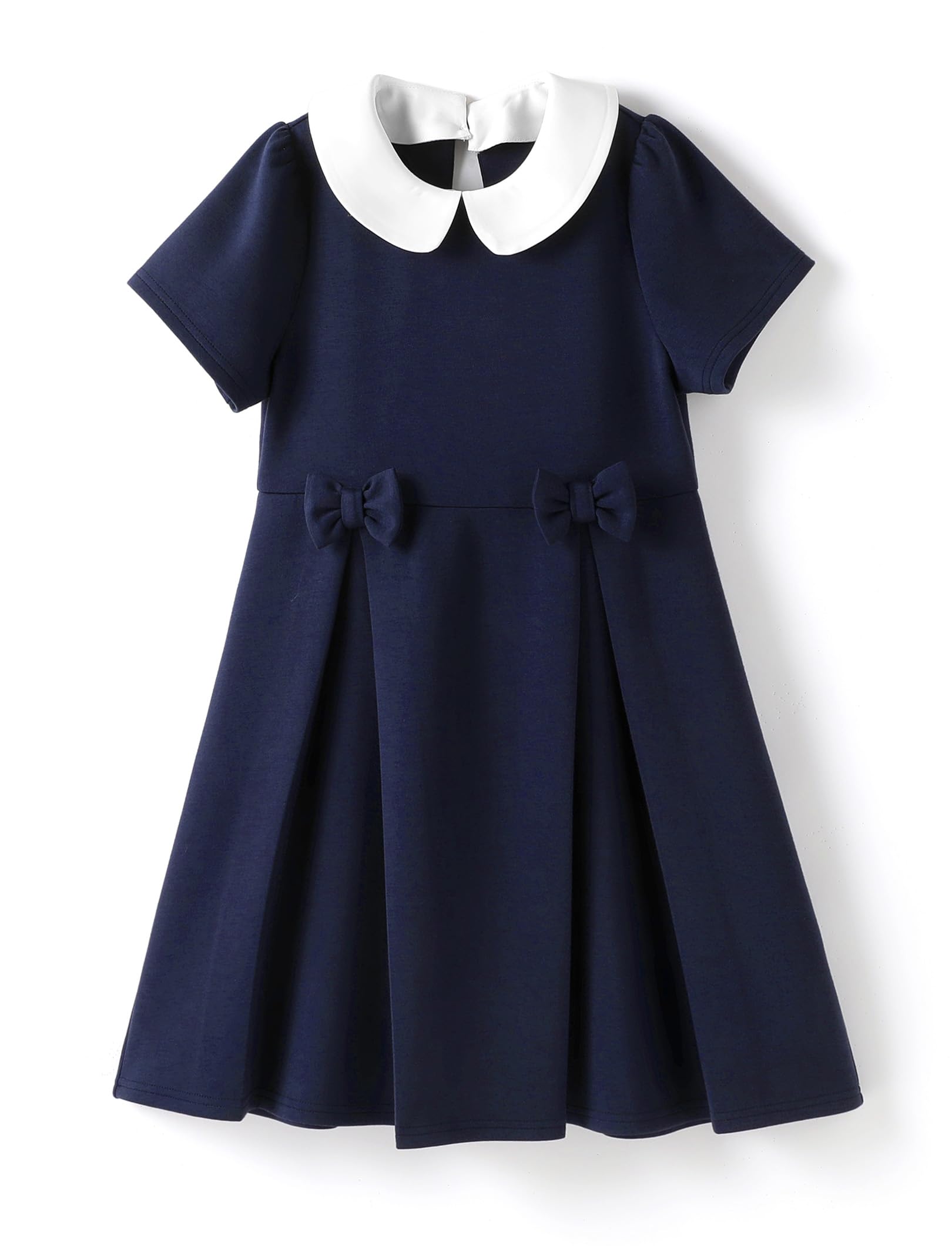 PATPAT Girls Short Sleeve Casual Vintage Peter Pan Collar Dress Waist Double Bow School Uniform Party Dress 5-12 Year