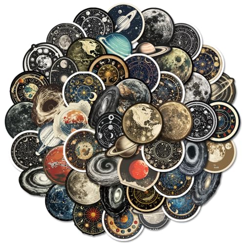 50Pcs Celestial Stickers Pack Planet Moon Space Astronomy Sticker for Scrapbook Junk Journal Supplies Planner Laptop Luggage Home Decor Waterproof Cosmic Galaxy Stickers for Adults