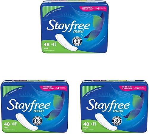 Stayfree Maxi Super Long Wingless - Almohadillas de protección y absorción fiables para mujeres, 48 unidades (paquete de 3)
