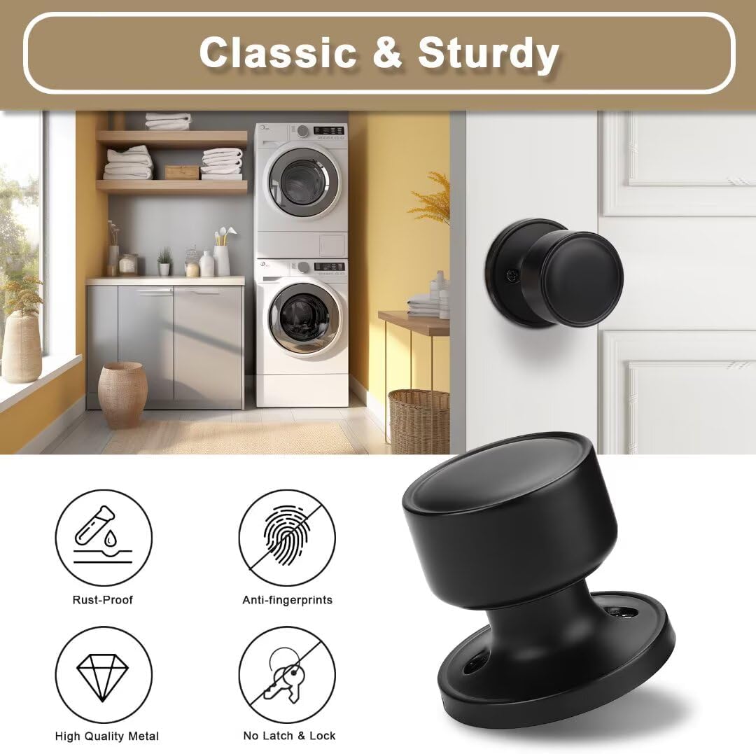 One Sided Matte Black Door Knobs Interior 4 Pack, Flat Keyless Dummy Door Knob for Bifold Doors No Lock, Non-Turning Modern Black Door Handle Interior for Pantry