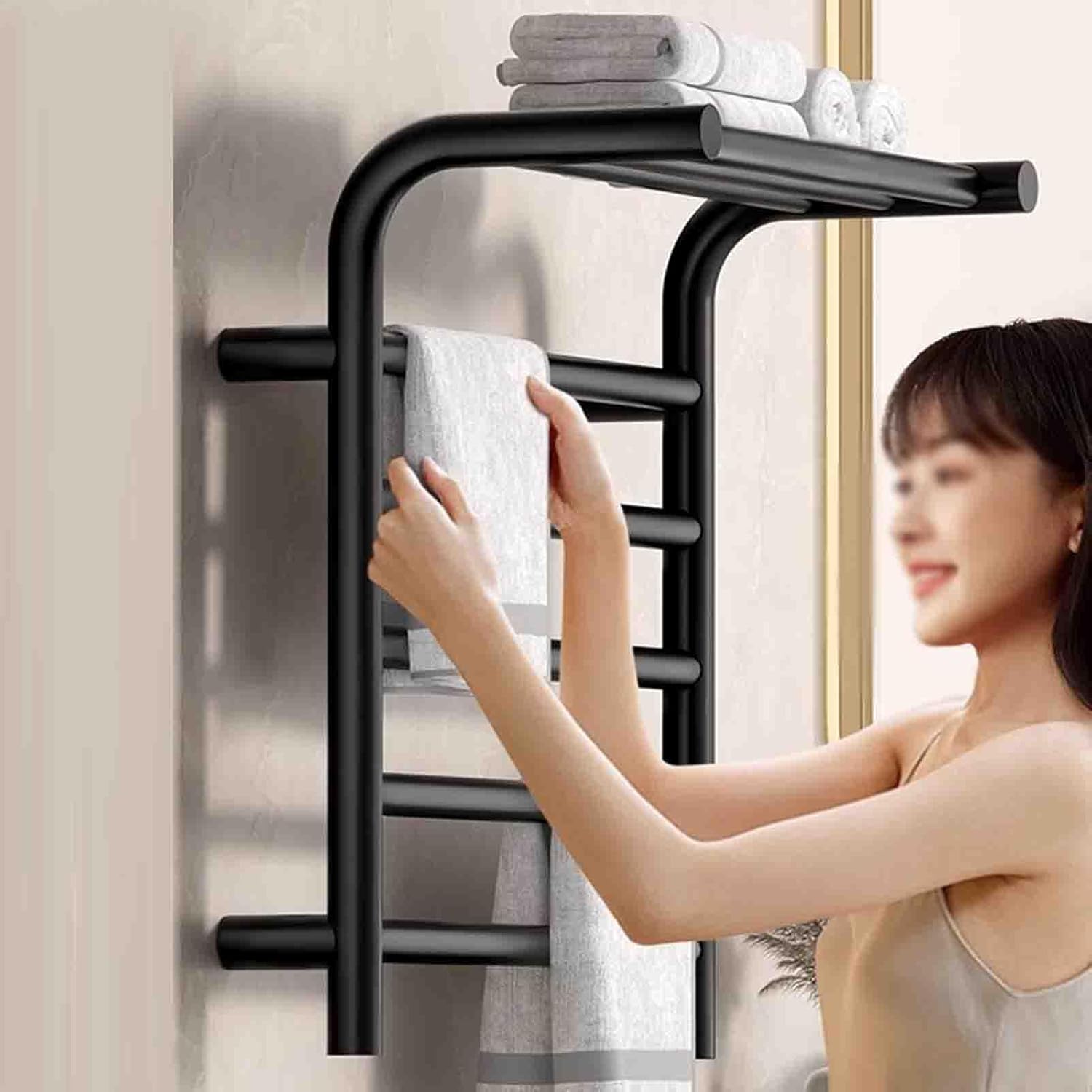 Electric Heated Towel Rack Carbon Fiber Heating Towel Drying Rack Black Stainless Steel Towel Rail Wall Mounted Constant Temperature Towel Warmer