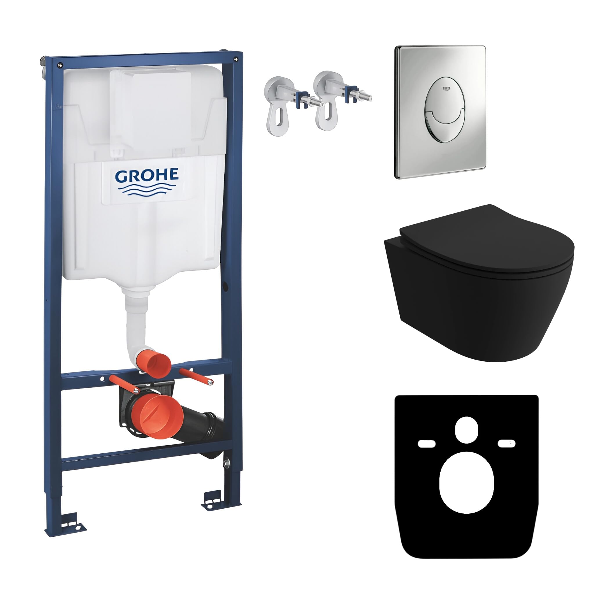 LAVITA Vorwandelement Solido Start + Wand Hänge WC Praia Schwarz Spülrandlos + WC-Sitz SoftClose Verchromter Knopf Komplettset Unterputz Spülkasten Toilette Komplett Sett WC