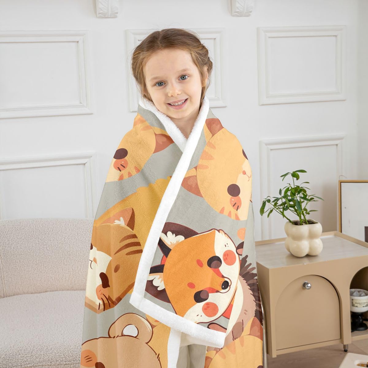 Kawaiis koc polarowy ze zwierzętami, rozmiar bliźniaków, kot, lis, niedźwiedź, jeleń, jeż, nadruk na łóżko, dla nastolatków, kreskówek, dzikie zwierzęta, dekoracja domu do biura