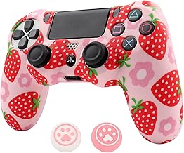 RALAN Pink Controller Skins for PS4, Fruit Silicone Controller Cover Skin Protector Compatible /PS4 Slim/PS4 Pro Controller with 2 Cute Thumb Grips Caps