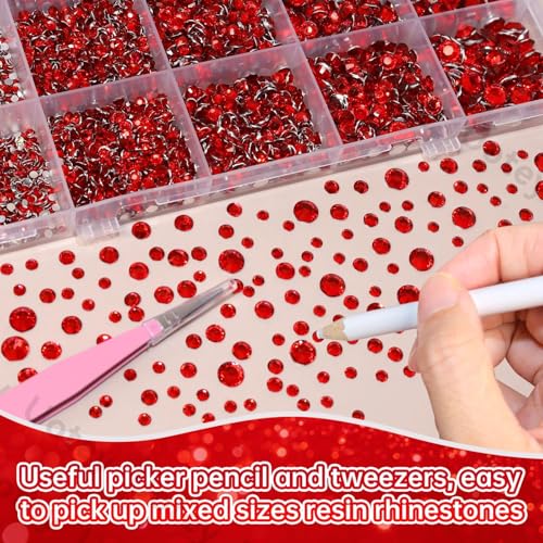 Image of 16000 Pcs Resin Rhinestones for Crafting, Flatback Red Gems Jelly Rhinestones, Mixed Sizes Red Bedazzling Crystal with Pickup Tool for DIY Crafts Clothing Tumblers Mugs Shoes Fabric Nail Art