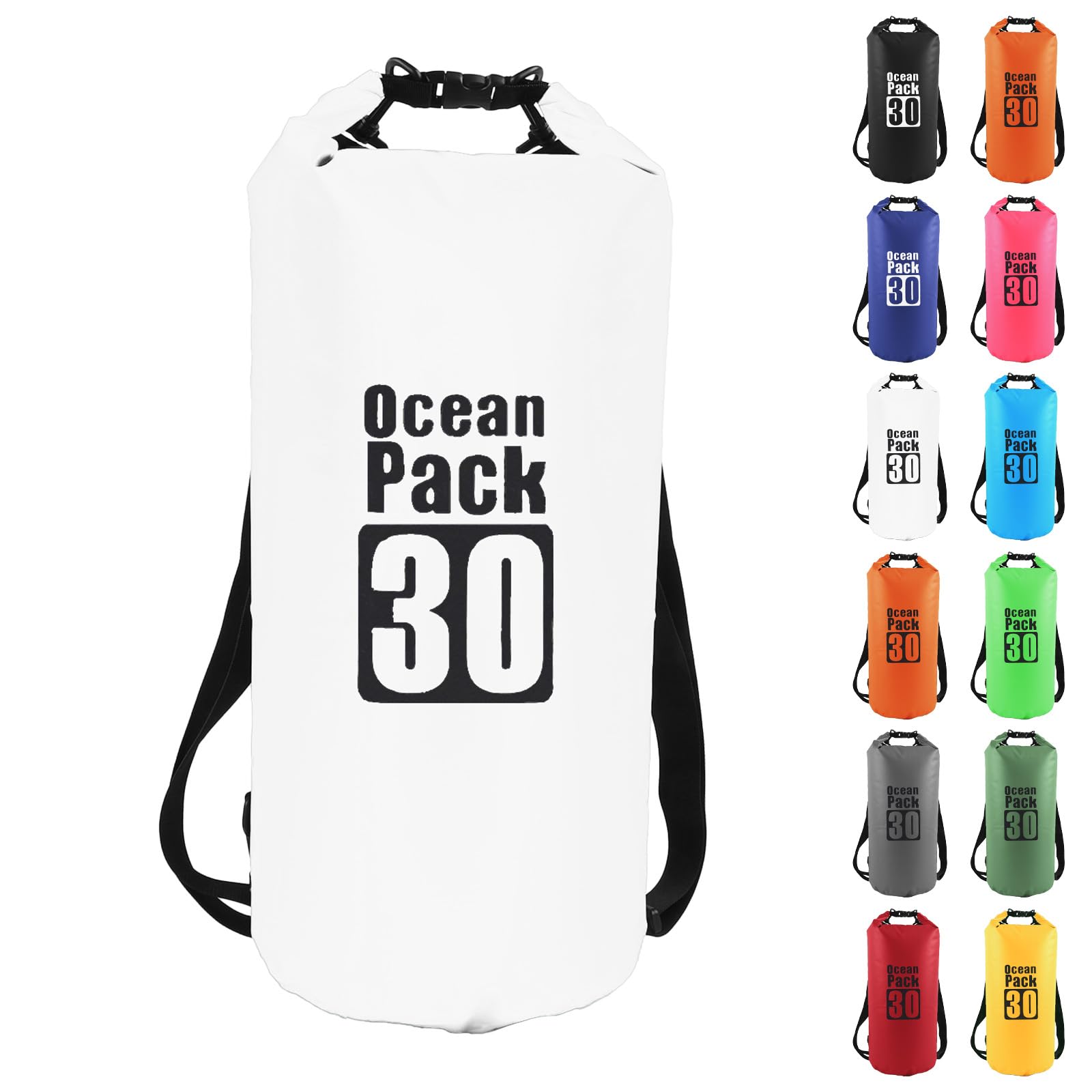 MOMAHUA 30L Waterproof Dry Bag Backpack with Double Shoulder Straps - White Durable PVC Roll Top Dry Sack - Heavy Duty Reusable Rucksack for Kayaking, Boating, Beach & Travel
