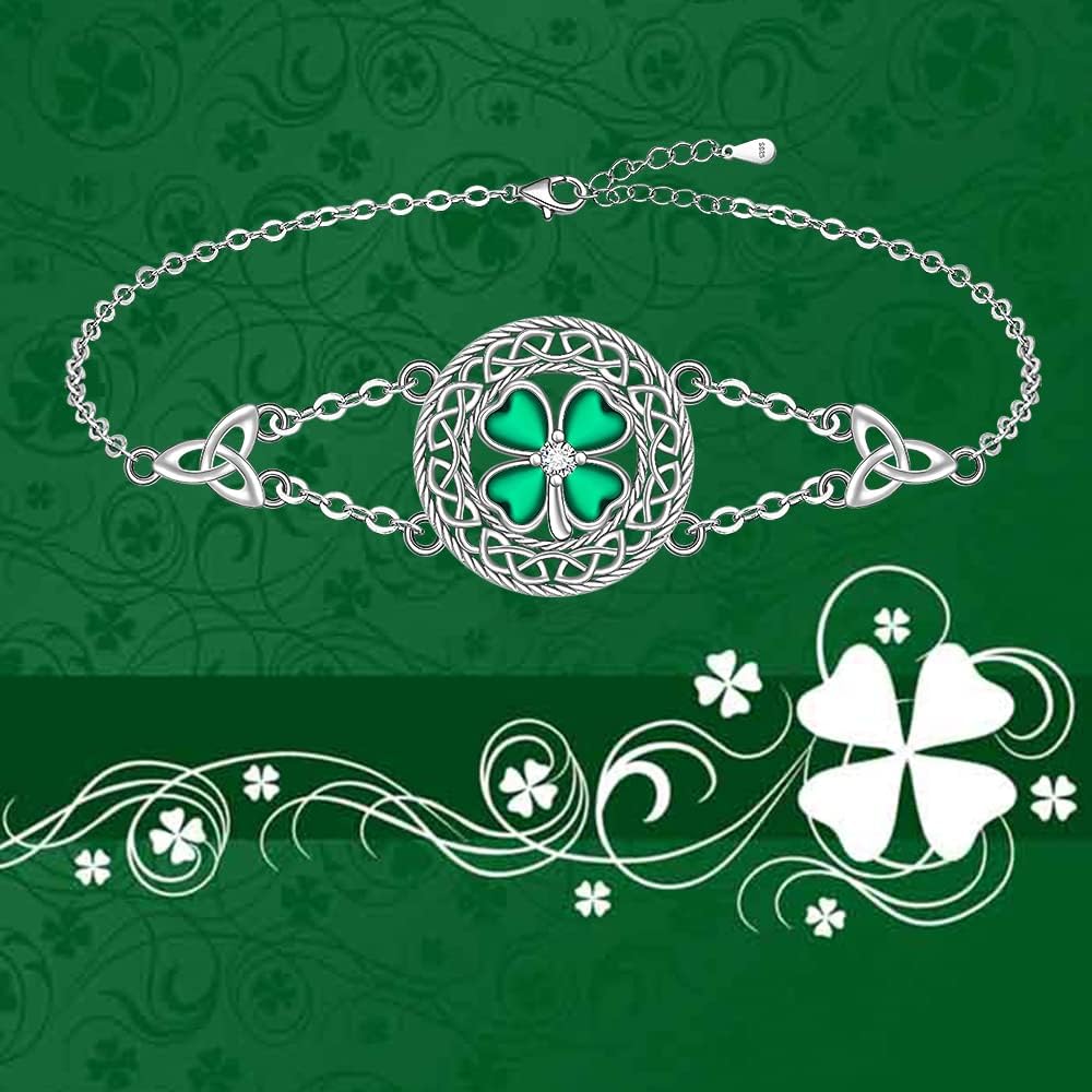 Shamrock Four Leaf Clover Bracelet for Women St Patricks Day Bracelet Sterling Silver Celtic Knot Irish Green 4 Leaf Clover Shamrock Bracelets Jewelry Charm Good Luck Gifts - Image 4