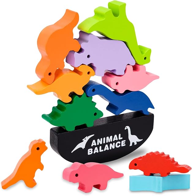 DUDUFLY Montessori Wooden Dinosaur&Animal Stacking Blocks Balance Game Toys for Toddlers Kids - Best Gift