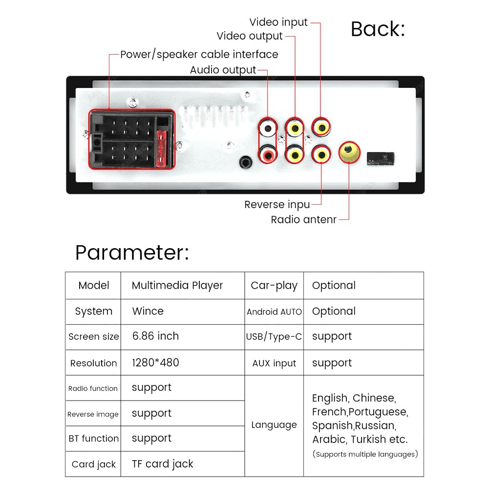 Autoradio Tactile 1 Din 6,86 Pouces avec Carplay Android Auto, Écran Tactile de 6,86 Pouces, TF USB -C, Système Audio Vidéo pour Voiture