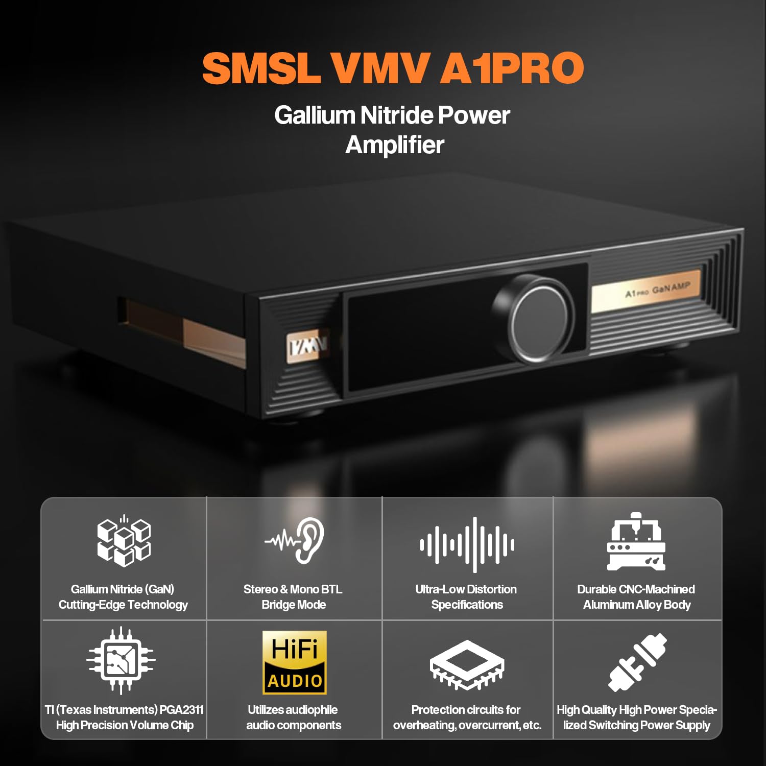 SMSL VMV A1 pro GaN ANP パワーアンプ SMSL VMV A1 Pro 160W x2 Stereo Amplifier, 400W Mono Amp, 2 Channel