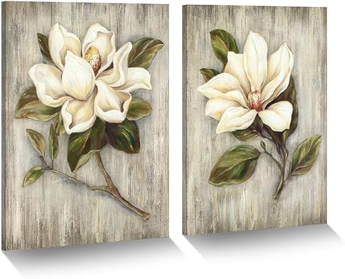 Lienzo decorativo de flores beige arte moderno de 2 piezas de arte floral floreciente elegante con textura pesada, impresión de magnolia de flores,