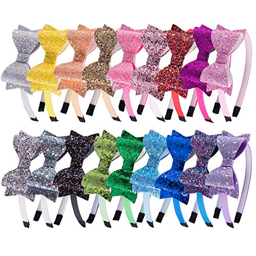 SIQUK 18 Pieces Glitter Headbands with Bow Colorful Teeth Plastic Headband with Shiny Bow for Girls