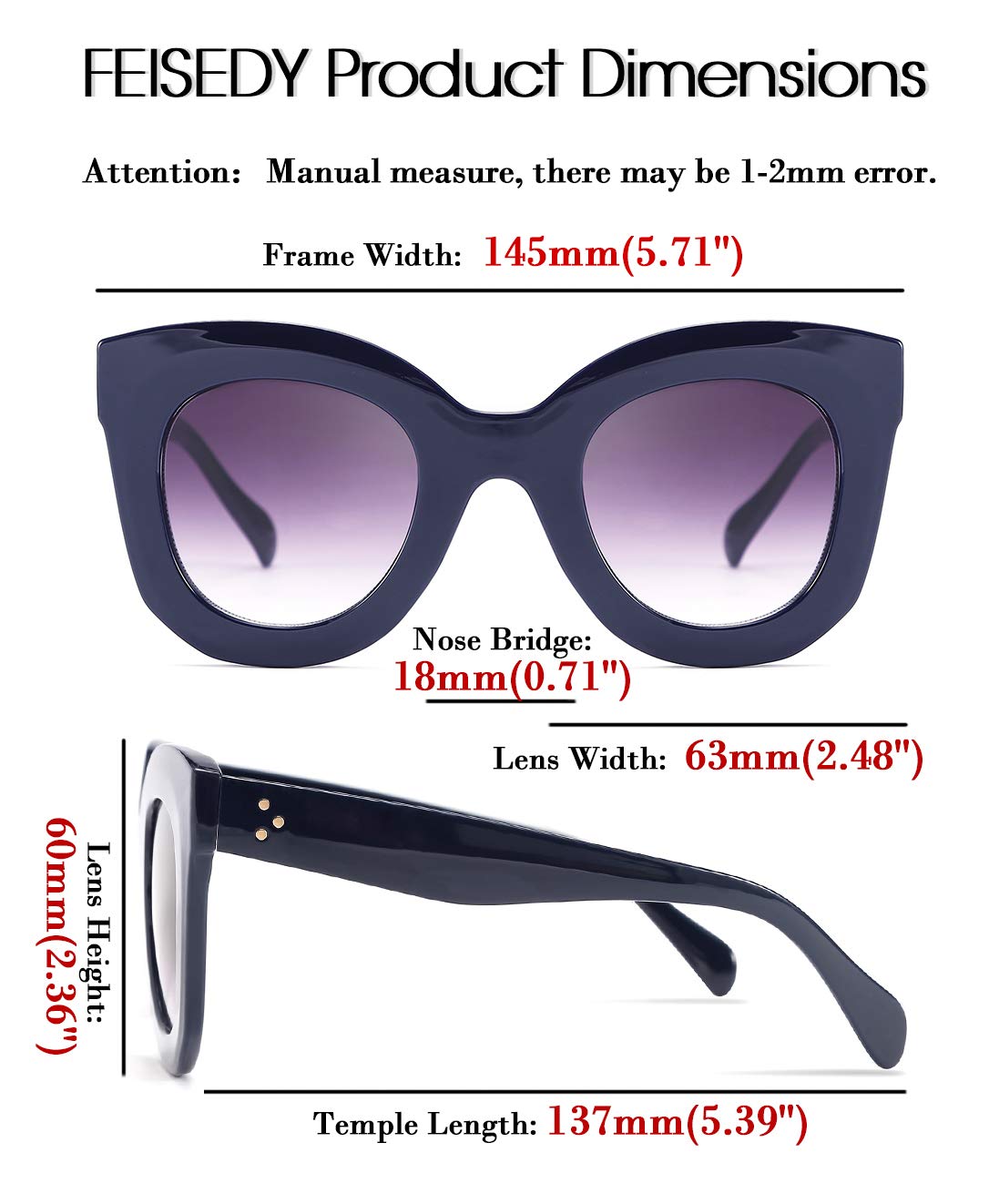 FEISEDY Retro Oversized Square Horn Sunglasses Semi Cat Eye Butterfly Glass Big Thick Bold Frame B2572
