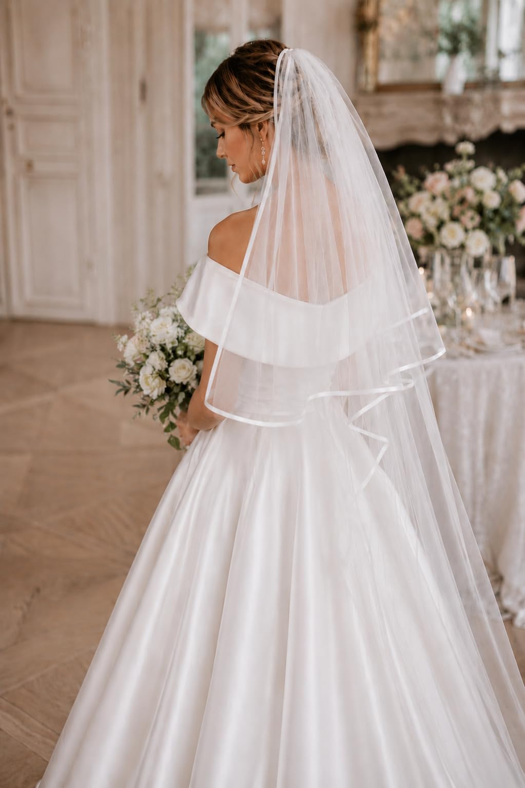 Satinband Brautschleier Hochzeitsschleier Satinschleier Domschleier Kathedrale Kapelle weißer Elfenbein Tüllschleier eleganter klassischer Schleier Cathedral bridal veil satin