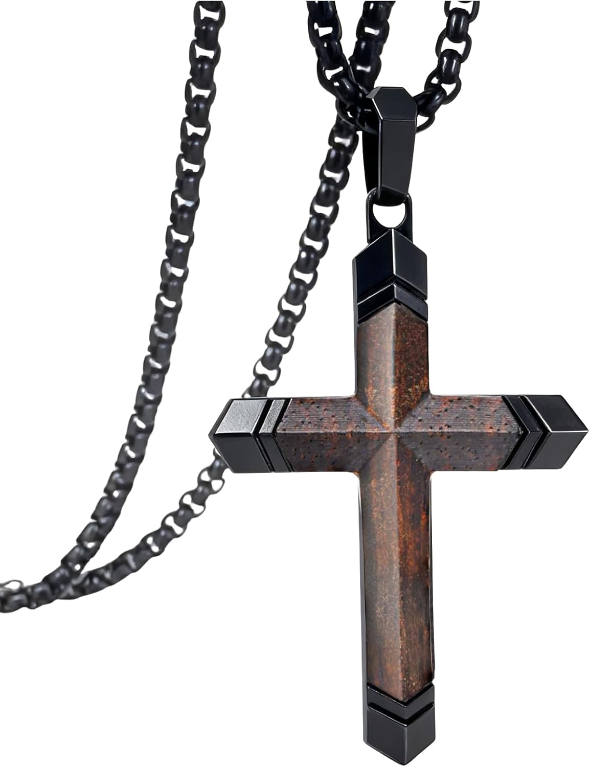 Lightning-Struck Ebony Cross Necklace for Men, Black Wood Stainless Steel Pendant