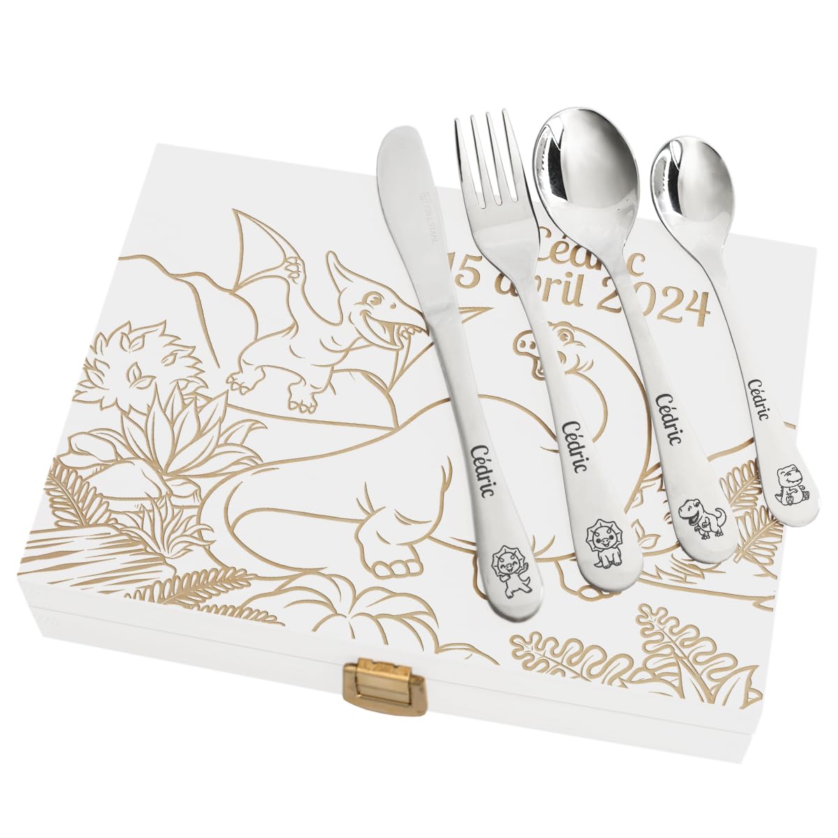 Amikado - Coffret couverts pour enfants - Coffret blanc - Gravure au choix (Dinosaure)