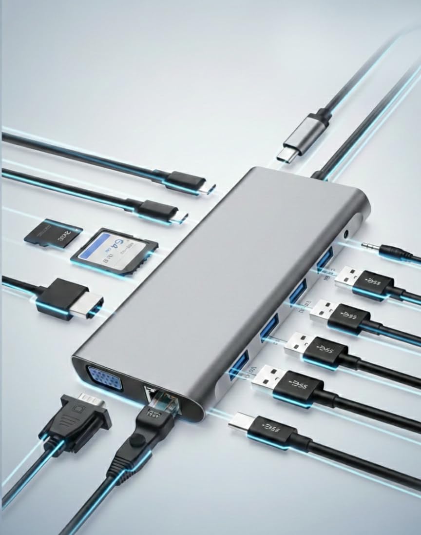 12-in-1 USB-C Docking Station, Triple Display Hub with Dual HDMI 4K, VGA, Gigabit Ethernet, 100W Power Delivery, SD/TF Card Reader, Aluminium Alloy