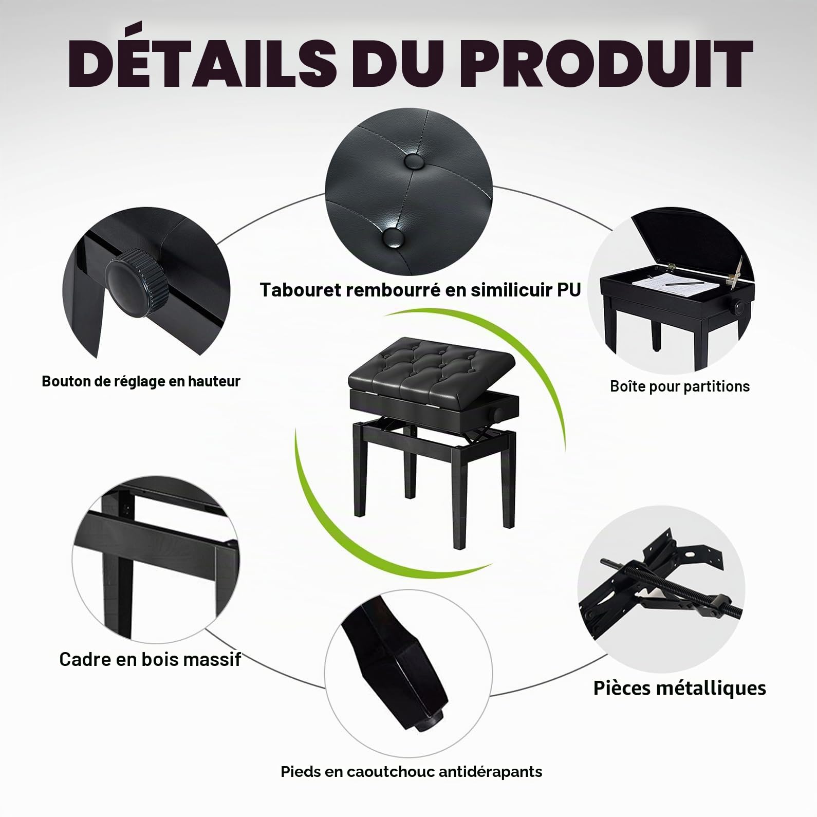 Tabouret de Banc de Piano Bouton en Cuir PU Noir,Tabouret Piano réglable,Banc de Piano en Bois avec Compartiment de Rangement,Tabouret rétro en Bois Massif et Tabouret Clavier Ergonomique