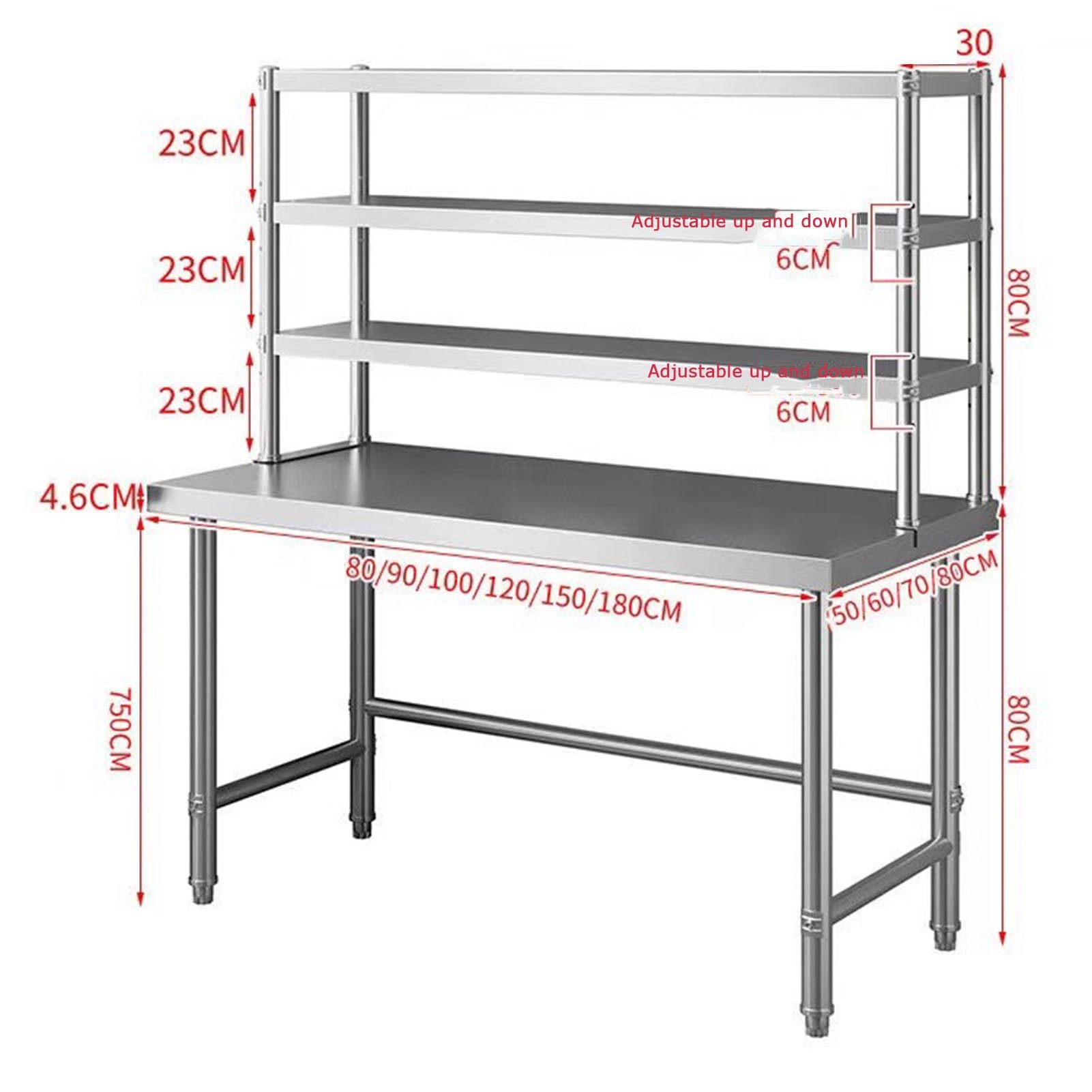 Cocina Comercial Encimera Acero Mesa Preparación Estante Inferior Trabajo Ajustable Estante Acero Inoxidable Alta Resistencia Doble Nivel Tienda Té Leche Encimera(B-Silver,180x80x80cm)