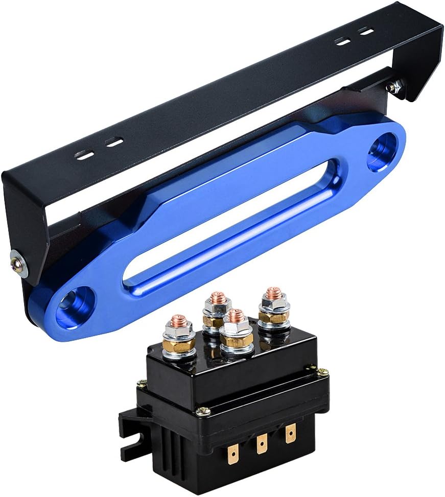 Astra Depot Set 10" Aluminum Blue Hawse Fairlead w/ 254mm Flip-Up Mount License Plate Holder + 12V 500A Winch Solenoid Relay 8000-15000LBs ATV UTV 4WD 4x4 Winch Replacement