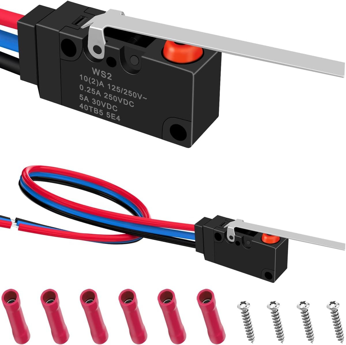 2PCS IP67 Waterproof Micro Limit Switch Long Straight Hinge Lever 10A 125V 250V Micorswitch 3 PIN Pre-Wired SPDT 1NO 1NC Black WS2 with M2.5 Screw, Butt Splice Connectors, for Electronic