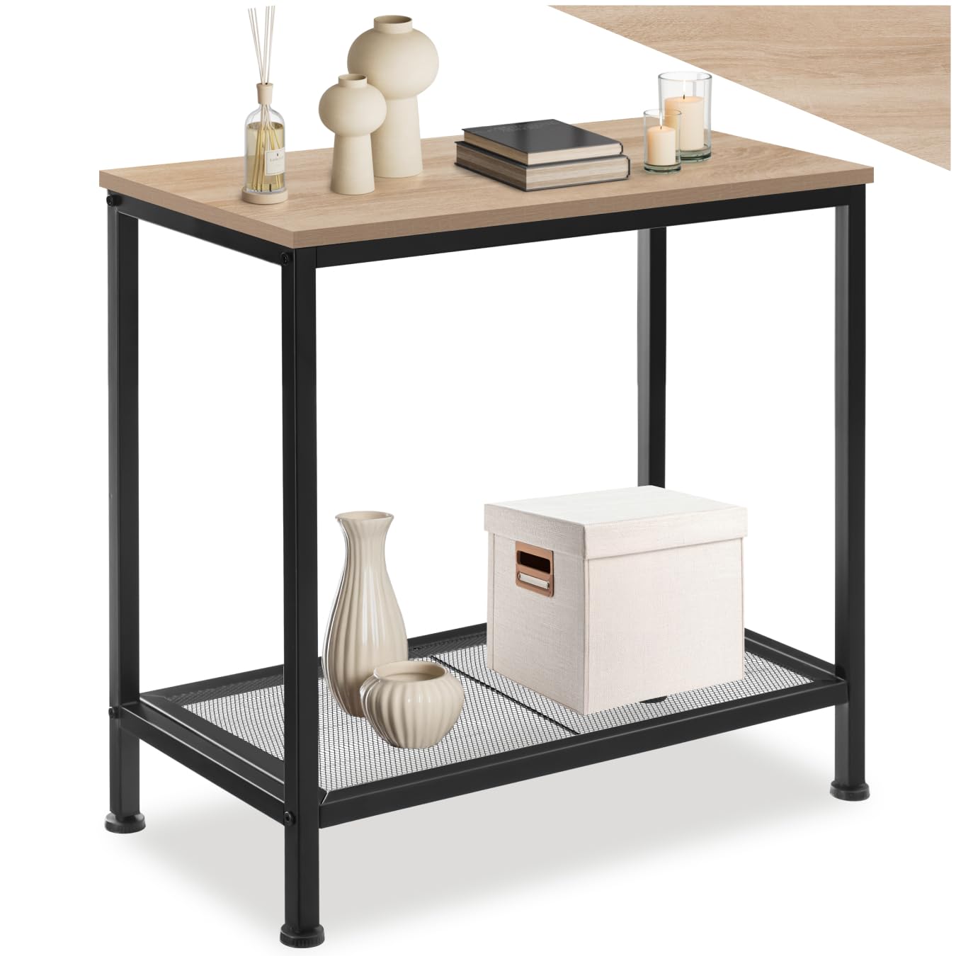 tectake® Beistelltisch Holz + Metall, Nachttisch schmal, Couchtisch mit Gitterablage, Konsolentisch, Tisch Wohnzimmer, Deko Schlafzimmer, Blumenständer - Industrial Holz hell, Eiche Sonoma