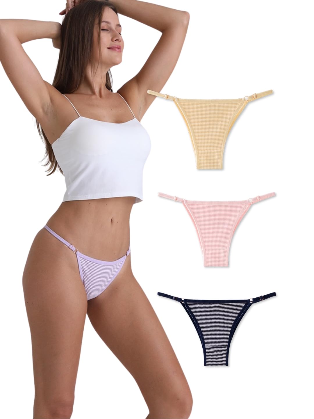 Women’s Brazilian Cotton Thong Panties, Soft Stretchable Underwear with Adjustable Side Straps - Pack of 3