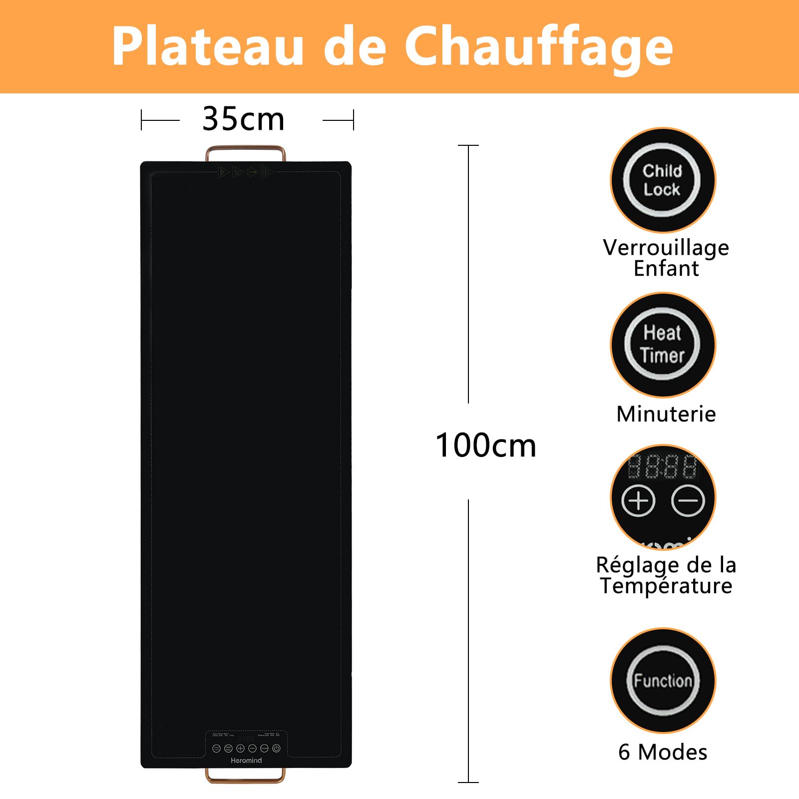 Plateau de Chauffage 100x35 cm Plaque Chauffante Grande 450W Réglage Précise Multi-niveaux Pour Grands Buffets et Collectivités