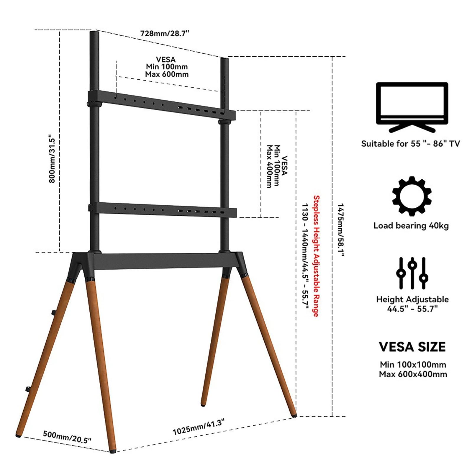 Soporte de TV para Pantallas Planas Curvas LCD/LED de 55 a 86 Pulgadas, soporta hasta 88,1 Libras, Soporte de Suelo Ajustable para TV con gestión de Cables, Resistente 4 Patas (Negro)