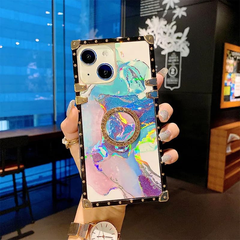 Image of LuxuryKase Premium Marble Design Case for iPhone 14 Plus | Shockproof Trunk Frame | Rotating Ring Holder | Stylish Protective Cover with Studded Edges - Blue