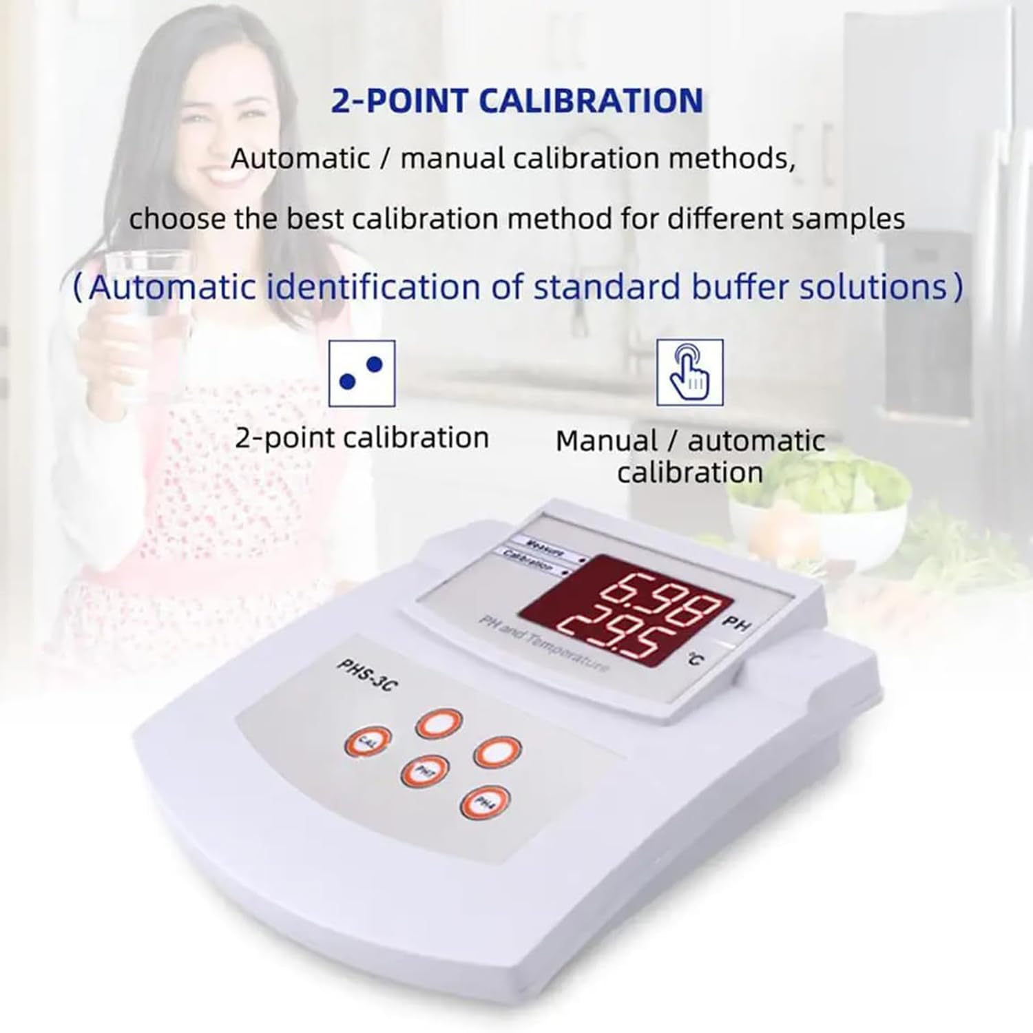 Medidor de pH de laboratorio de sobremesa, medidor digital de pH ±0.01 con electrodos de pH y temperatura, calibración automática de 2 puntos