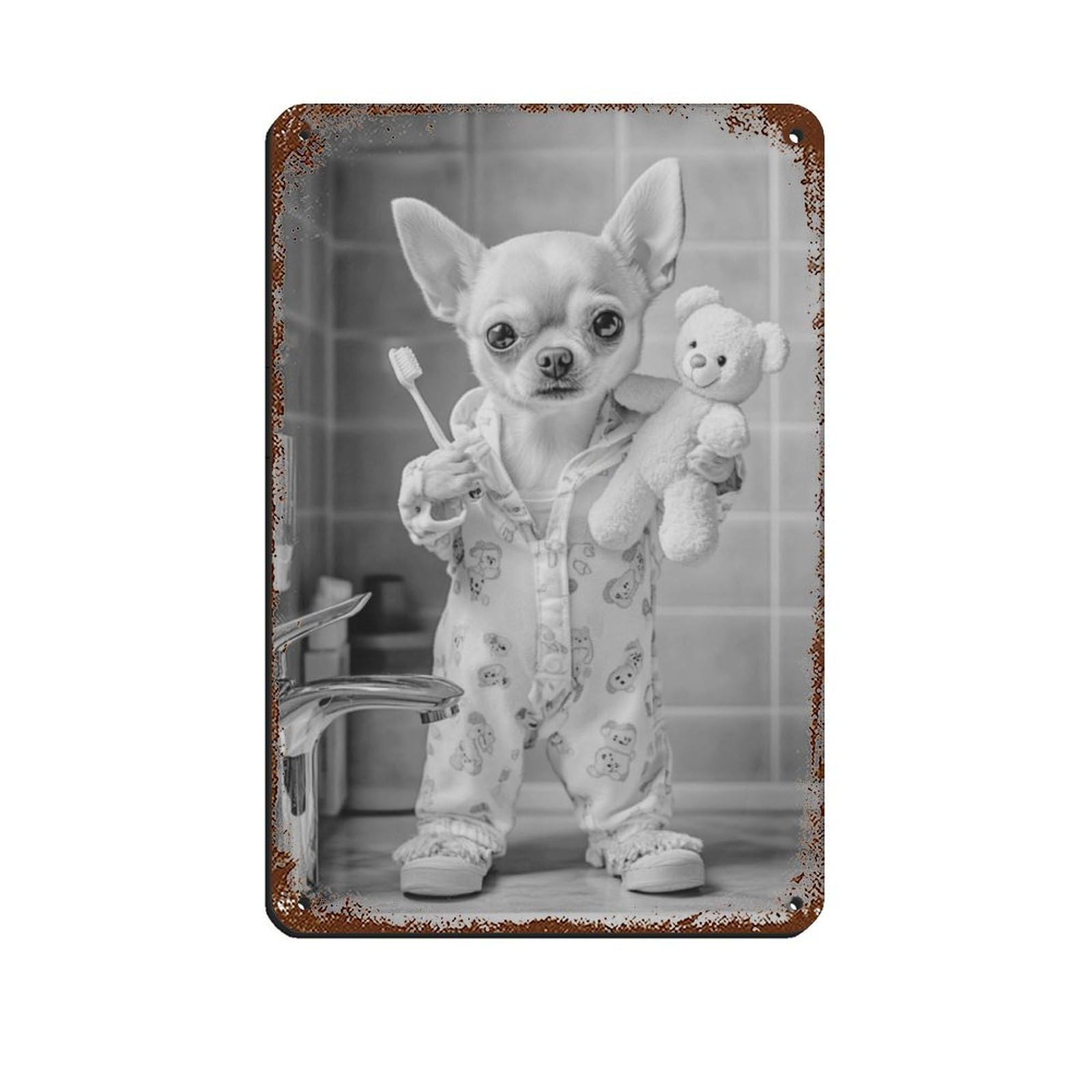 Dog In Pajamas Brushing Teeth Retro Poster Metal Tin Sign Chic Art Retro Iron Painting Bar People Cave Cafe Family Garage Poster Wall Decoration 8x12inch(20x30cm)