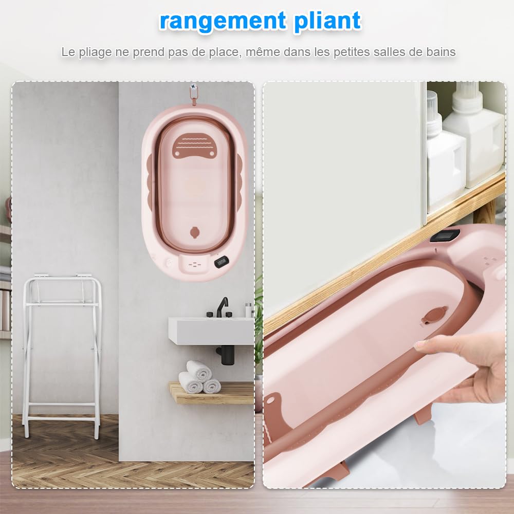 OHMG Vasca da Bagno per Bambini Pieghevole con Piedi, Grande Vasca XXL con Supporto, Termometro 2.0, Seggiolino e Kit di Drenaggio, Vaschetta per Neonati, Ideale per la Doccia, Dalla Nascita a 3 Anni