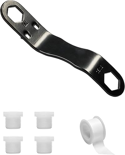 Kit y tapón de drenaje para calentador de agua RV, incluye llave en ángulo, 4 tapones de repuesto NPT de 1/2 pulgada y 1 rollo de cinta de PTFE negra