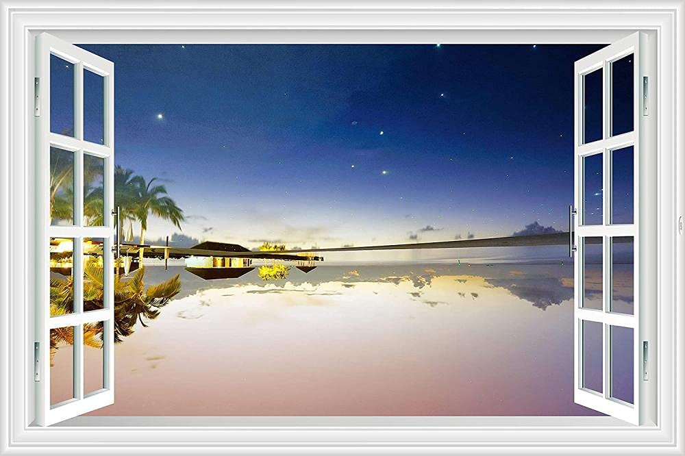 Lichi Peaceful Night 3D Fake Window Wall Sticker Mural Decal Of Beach Coconut Tree View Scenery With Seaside Pool-Peaceful_night
