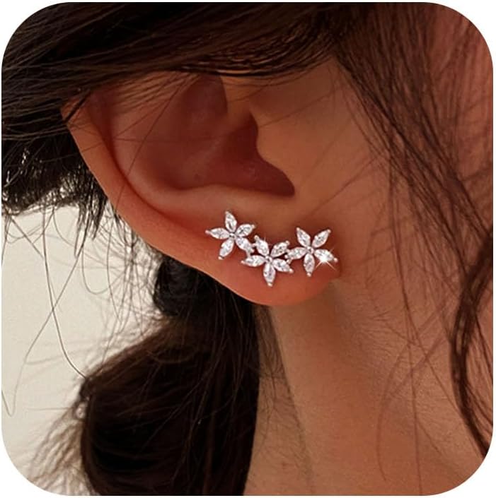 XAYAH Flowers Cluster Stud Earrings for Women 925 Sterling Silver Dainty Cubic Zirconia Sparkling Climber Lucky Flower Cuff Wedding Earring Ear Crawler Earring for Mom Mother's Day Easter Jewelry Gift