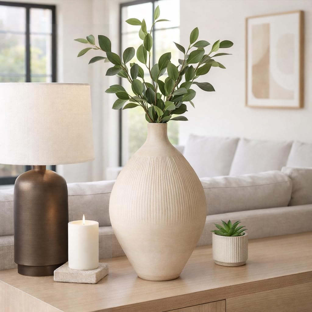 Textured Glass Vase for Living Room Decor Display - Warm Home Decor Accents with Soft Vertical Ribbing - Decorative Flower Vase for Room, Bedroom, House, Office, and Table Styling - 19", Ivory & Tan