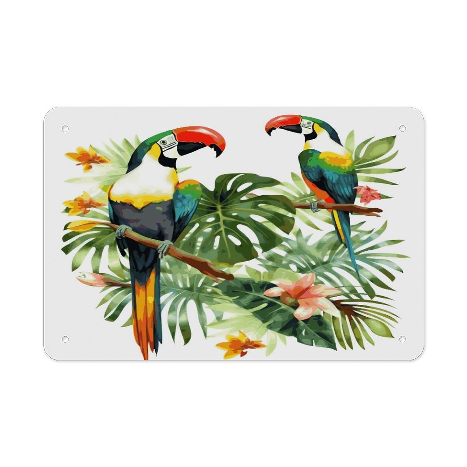 LDGSUPH Toucans Parrot Palm Tree Leaves Metal Tin Sign Wall Art Prints Folded Edge Iron Sheet Painting with Holes for Wall Prints Decorative Picture Metal Signboard Decor Painting Wall Decor