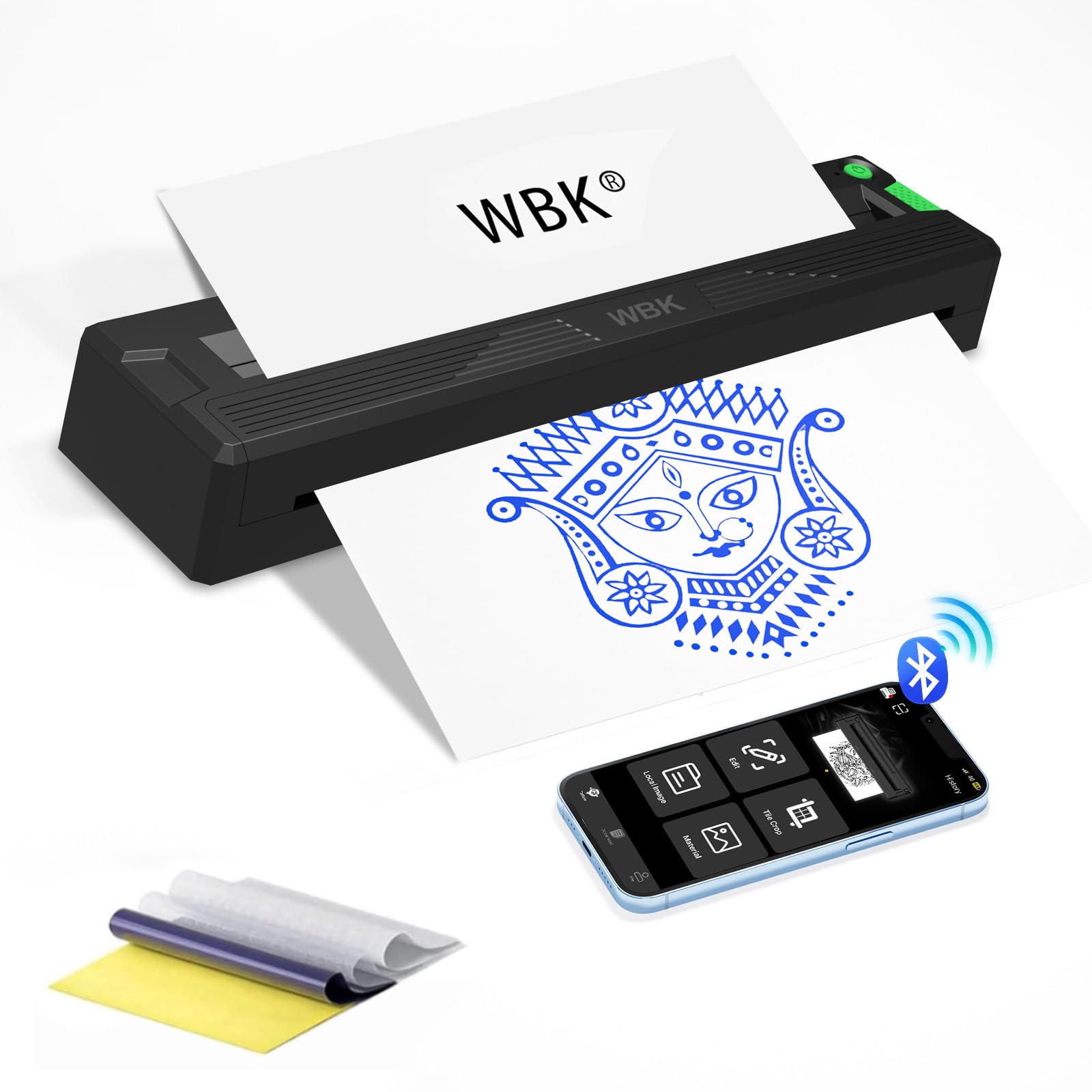 Stampante per tatuaggi, compatibile con telefono/pc, per principianti e artisti, portatile, wireless, Bluetooth, termica, senza inchiostro, con 10 fogli di carta di trasferimento per tatuaggi (nero)