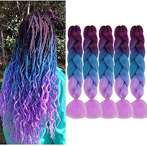 Mychanson 24" Ombre Braiding Hair Purple Braiding Hair Ombre 5pcs/Lot Braid Hair Extensions High Temperature braiding hair pre stretched (5pcs&Purple-Lake Blue-Light Purple)