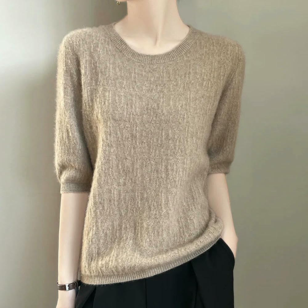 Magliette Primaverili da Donna, Maniche Corte lavorate a Maglia, Traforate, Top Estivi per Il Tempo Libero, Pullover con Scollo a V, Tinta Unita