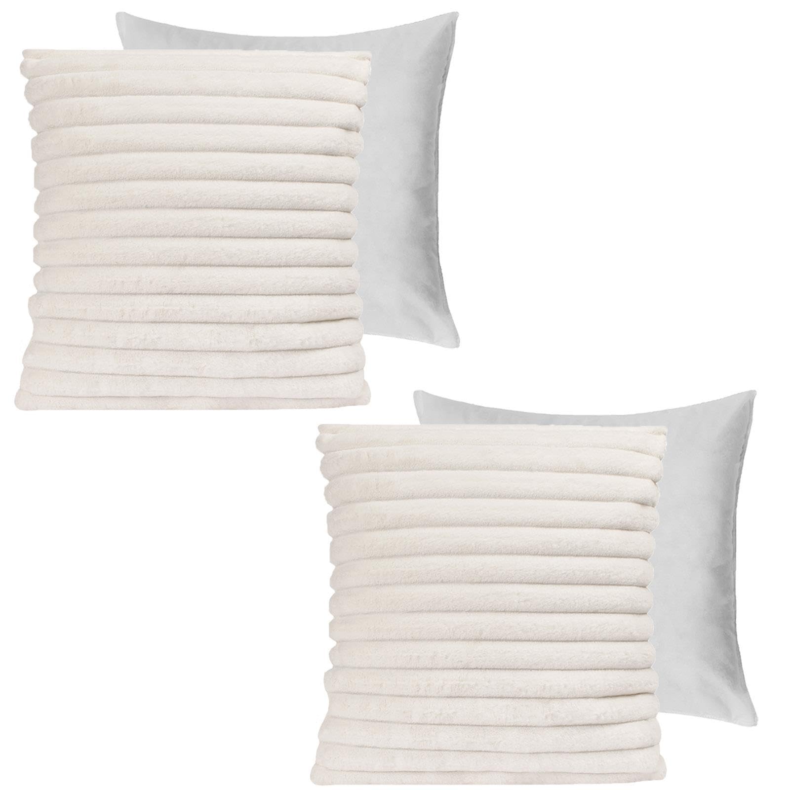 OHS Faux Fur White Cushions With Covers - Throw Pillow Inserts, Sofa Seat Pads, Thick Soft Comfy Living Room Cushion, Pack of 2