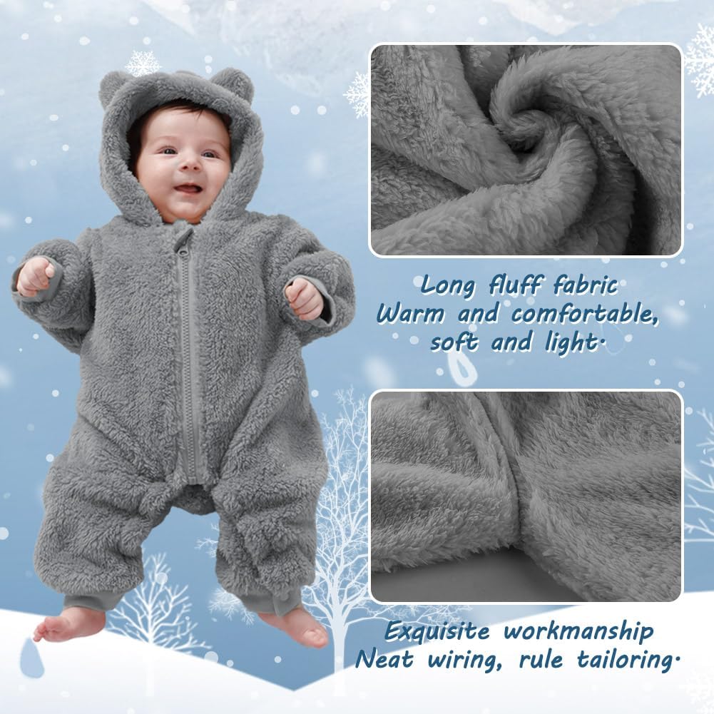 Newborn Baby Bear Outfit Suit Girls Boys Fleece Jumpsuit Romper Hooded Winter Snowsuit Clothes - Image 3
