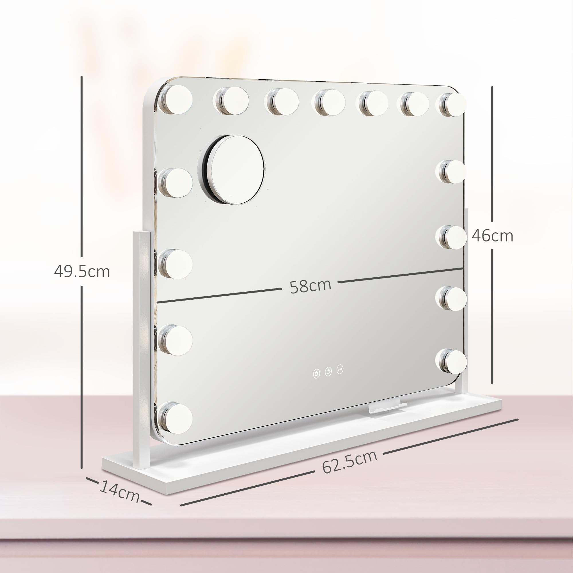 HOMCOM Specchio Trucco con Luci 15 LED 58x46cm Luminosità Regolabile | Ricarica USB, Hollywood 3 Colori Luce, Schermo Touch, Supporto Telefono, Ingrandimento 10X, Rotazione a 360°