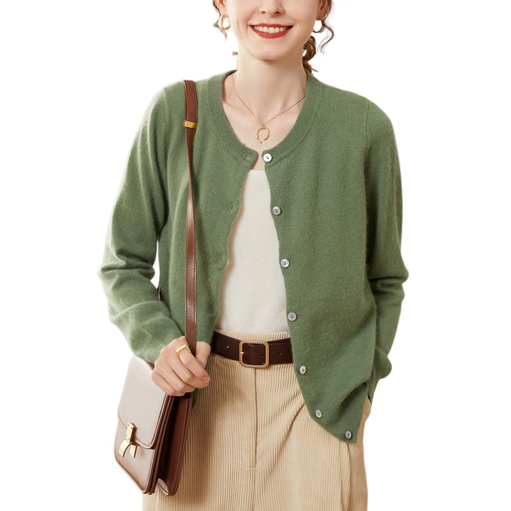 Valin Chaqueta de punto de cuello redondo de cachemira para mujer, verde, 46 | Mezcla de lana de cachemira, cuello redondo, hombro caída, tira de botones, corte holgado, punto liso, suave, uso diario