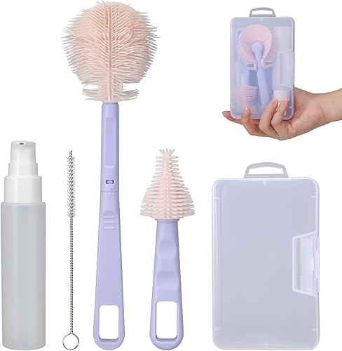 VOOWO - Cepillo para biberones de bebé, kit de limpiador portátil de botellas de viaje, juego de cepillos de silicona para biberones con cepillo