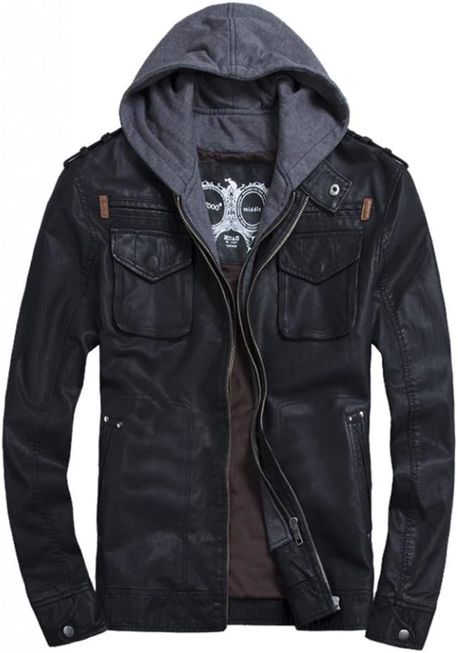 LXTH00o Men's Classic PU Zip Hooded Biker Rock Punk Jacket Coat Black 4XL
